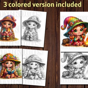 May include: Three coloring pages featuring a cute cartoon girl with a whimsical hat and long braids. The first page shows the girl in color, the second page shows the girl in black and white, and the third page shows the girl in a different pose in black and white.