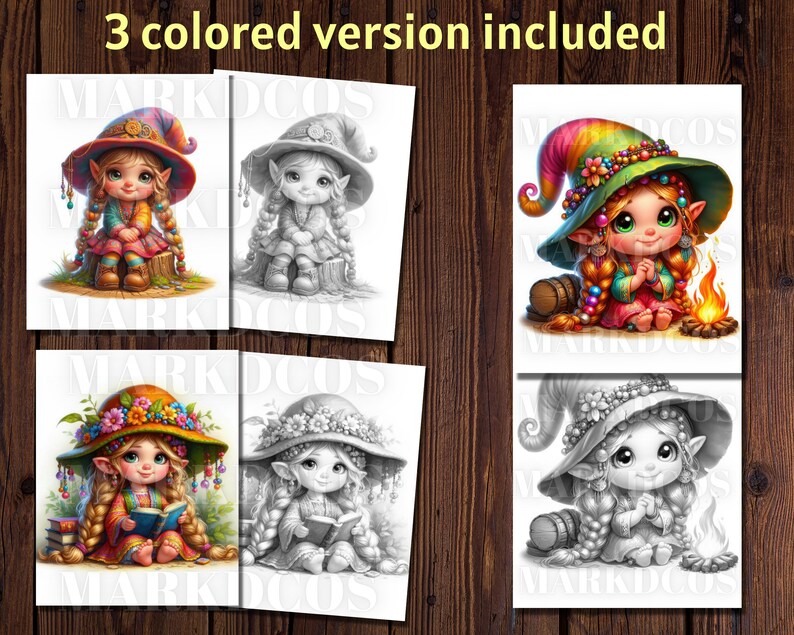 May include: Three coloring pages featuring a cute cartoon girl with a whimsical hat and long braids. The first page shows the girl in color, the second page shows the girl in black and white, and the third page shows the girl in a different pose in black and white.
