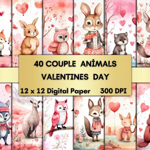 40 Aquarell Valentinstag Paar Tiere Digitales Papier, Romantisches Papier , Paar Tier Seiten, Junk Journal, Scrapbook, Printable Paper