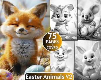 75 kleurplaten Pasen dieren V2, grijswaarden kleurboek voor volwassenen en kinderen, lente kleurplaat, digitale download, afdrukbare kleurplaat