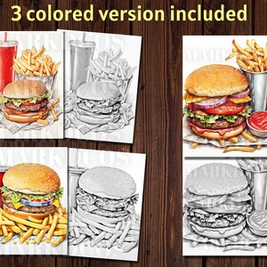 May include: A coloring page featuring a burger, fries, and a drink. The image is in black and white, but there are three colored versions included. The burger has lettuce, tomato, onion, and cheese. The fries are in a basket. The drink is in a glass with a straw.