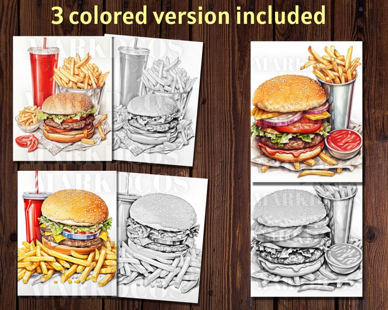 May include: A coloring page featuring a burger, fries, and a drink. The image is in black and white, but there are three colored versions included. The burger has lettuce, tomato, onion, and cheese. The fries are in a basket. The drink is in a glass with a straw.