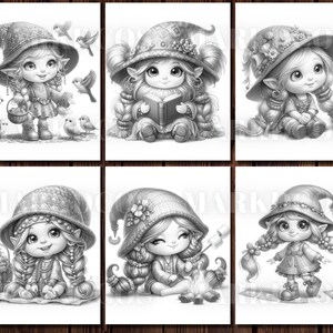 May include: Six black and white illustrations of cute cartoon fairies with different accessories and activities. The fairies are wearing hats, dresses, and have long hair. They are holding baskets, books, and marshmallows.