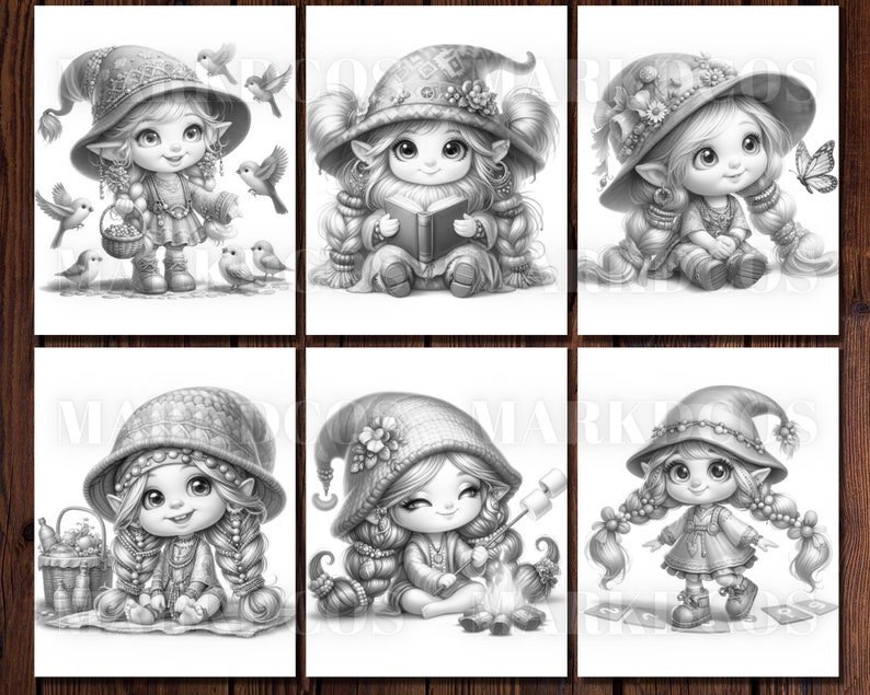 May include: Six black and white illustrations of cute cartoon fairies with different accessories and activities. The fairies are wearing hats, dresses, and have long hair. They are holding baskets, books, and marshmallows.