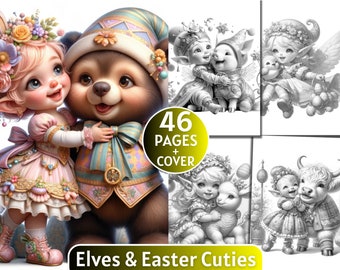 46 Elves And Easter Cuties Coloring Pages, Grayscale Coloring Book for Adults and Kids, Coloring Page,Digital Download,Printable Coloring