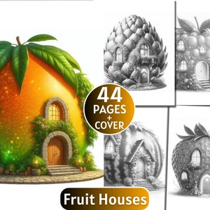 Puede incluir: Un libro para colorear con 44 páginas de casas de frutas, incluyendo una piña, una naranja, una sandía y una fresa. La portada presenta una casa naranja colorida con ventanas y una puerta.
