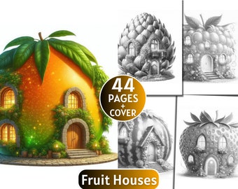 44 Fruit Houses Coloring Pages | Grayscale Coloring Book for Adults and Kids | Apple, Banana, Raspberry |Printable PDF| Instant Download