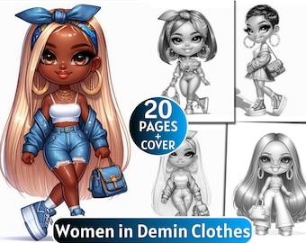 20 Women in Demin Clothes Coloring Pages | Grayscale Coloring Book for Adults and Kids | Fashion Girls |Printable PDF| Instant Download