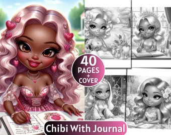 40 Chibi mit Journal Malbuch | Graustufen-Malbuch für Erwachsene und Kinder |Druckbare PDF| Sofort Download