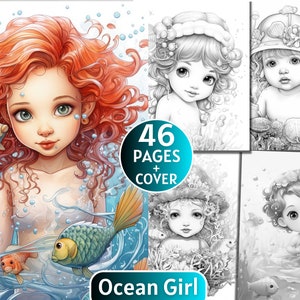 46 Ocean Girl Coloring Book, Grayscale Coloring Book for Adults and Kids, Sea Coloring Page,Digital Download,Printable Coloring Page