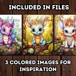 May include: Three digital illustrations of fantasy creatures. The first creature is a purple dragon with a light blue underbelly and wings. The second creature is a blue and yellow dragon with a spiky back. The third creature is a white dragon with orange and yellow accents.