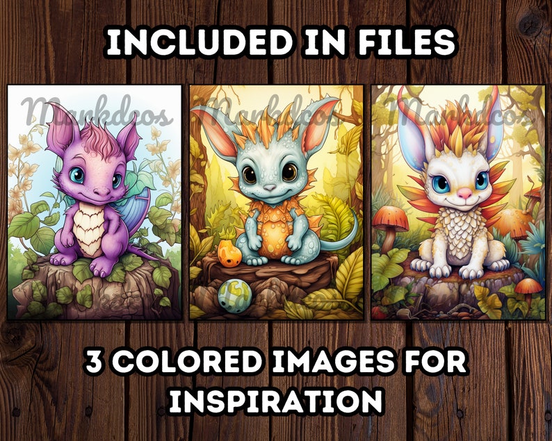 May include: Three digital illustrations of fantasy creatures. The first creature is a purple dragon with a light blue underbelly and wings. The second creature is a blue and yellow dragon with a spiky back. The third creature is a white dragon with orange and yellow accents.