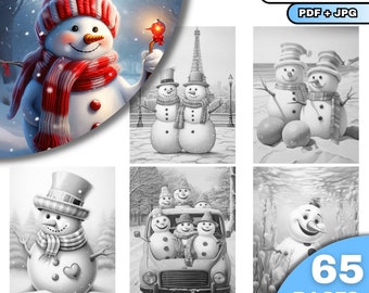 Könnte beinhalten: Ein Malbuch mit 65 Seiten voller Schneemann-Illustrationen. Der Einband zeigt einen Schneemann mit rotem Schal und Hut, der eine brennende Kerze hält. Das Buch trägt den Titel "Snowman Life".