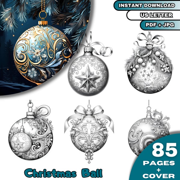 85 Christmas Ball Coloring Book, Adults & Kids  Coloring Pages, Grayscale Coloring Book, Digital Download, Printable PDF File