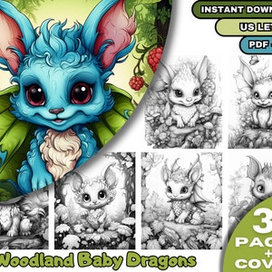 May include: A colouring book featuring 39 pages of cute baby dragons in woodland settings. The cover features a blue baby dragon with pink ears and a green leaf behind it. The book is titled "Woodland Baby Dragons" and includes a cover page.
