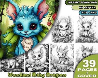 39 Woodland Baby Dragons  Coloring Pages, Adults + Kids  Coloring Pages, Digital Download, Grayscale Coloring Book, Printable PDF File