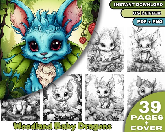 39 Woodland Baby Dragons  Coloring Book, Adults + Kids  Coloring Pages, Digital Download, Grayscale Coloring Book, Printable PDF File