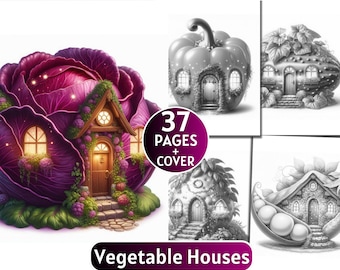 37 Vegetable Houses Coloring Pages | Grayscale Coloring Book for Adults and Kids | Watermelon, Carrot |Printable PDF| Instant Download