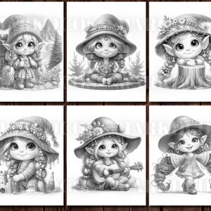 May include: Six black and white illustrations of whimsical, cartoon-like fairies with large eyes and elaborate hats. Each fairy is wearing a different outfit and has a unique expression.