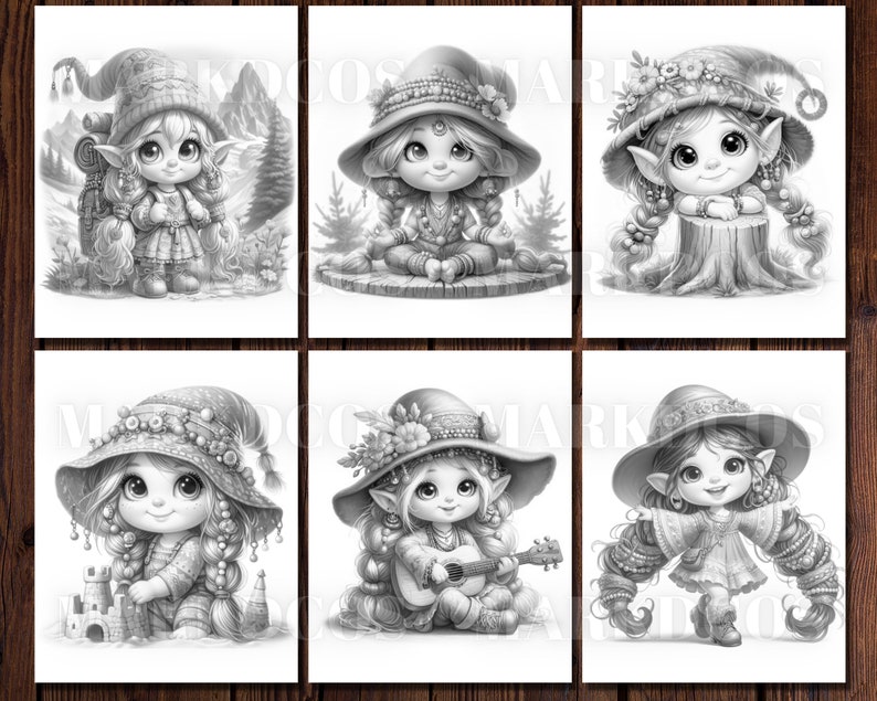 May include: Six black and white illustrations of whimsical, cartoon-like fairies with large eyes and elaborate hats. Each fairy is wearing a different outfit and has a unique expression.
