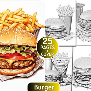 May include: A close-up of a juicy cheeseburger with lettuce, tomato, and onion, topped with sesame seeds. The burger is accompanied by a side of golden-brown french fries. The image also includes three black and white illustrations of burgers and fries.