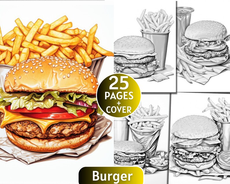 May include: A close-up of a juicy cheeseburger with lettuce, tomato, and onion, topped with sesame seeds. The burger is accompanied by a side of golden-brown french fries. The image also includes three black and white illustrations of burgers and fries.