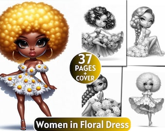 37 Women in Floral Dress Coloring Pages | Grayscale Coloring Book for Adults and Kids | Fashion Women |Printable PDF| Instant Download