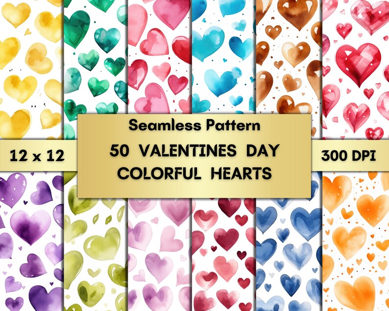 50 Seamless Pattern Watercolor Colorful Hearts Valentine's Day, Heart ...