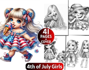 41 4. Juli Mädchen Malbuch | Graustufen-Malbuch für Erwachsene und Kinder | Niedliche Buntstifte |Druckbare PDF| Sofort Download