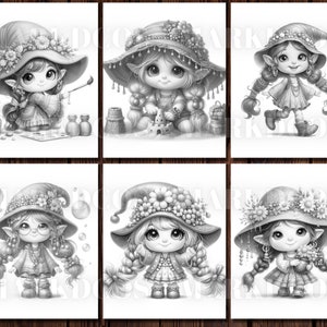 May include: Six black and white illustrations of fairies wearing hats with flowers and other decorations. Each fairy has a different expression and is holding a different object.