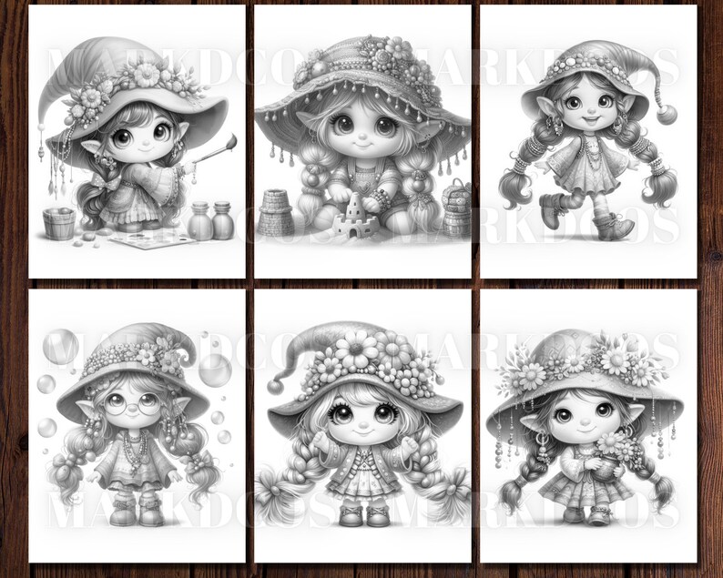 May include: Six black and white illustrations of fairies wearing hats with flowers and other decorations. Each fairy has a different expression and is holding a different object.
