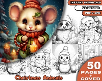 50 Christmas Animals Coloring Pages, Adults & Kids  Coloring Pages, Grayscale Coloring Book, Digital Download, Printable PDF File