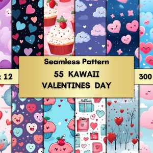 55 Nahtlose Muster Kawaii Valentinstag, süßes Kawaii Valentinstag digitales Papier, Herz Seiten, süßes Junk Journal, Scrapbook, Karten