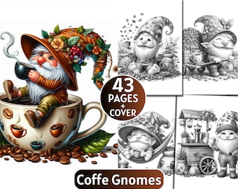 43 Coffe Gnomes Coloring Pages | Grayscale Coloring Book for Adults and Kids | Coffe Lover Gnomes, |Printable PDF| Instant Download