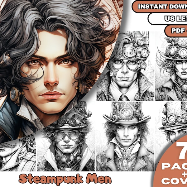 70 Steampunk Men Coloring Book, Adults & Kids  Coloring Pages, Grayscale Coloring Book, Digital Download, Printable PDF File
