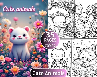 Bold and Easy Coloring Pages, Cute Animals Coloring Pages, Floral Animals, Kawaii Forest Animals, Relaxing Activity for Adults