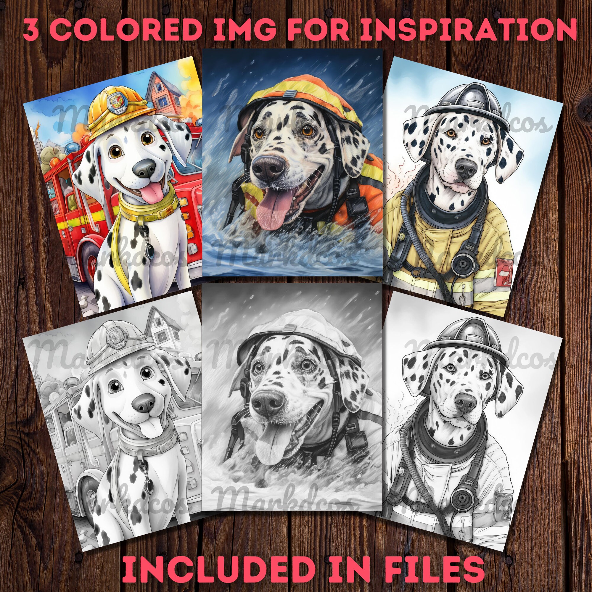 44 Dalmatian Firefighter Dog Coloring Book, Grayscale Coloring Book for ...