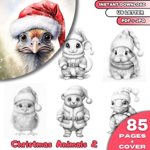 85 Christmas Animals 2 Coloring Book, Grayscale Coloring Book for Adults and Kids, Xmas Coloring , Digital Download, Printable PDF File