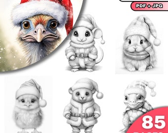 85 Christmas Animals 2 Coloring Pages, Grayscale Coloring Book for Adults and Kids, Xmas Coloring , Digital Download, Printable PDF File