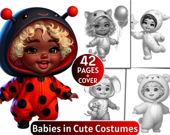 42 Babies in Cute Costumes Coloring Pages | Grayscale Coloring Book for Adults and Kids | Costume Party  |Printable PDF| Instant Download