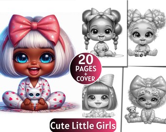 20 Cute Little Girls Coloring Pages | Grayscale Coloring Book for Adults and Kids | Sweet Babies, Toys, Pets |Printable PDF