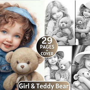 29 Girl And Teddy Bear Coloring Book, Grayscale Coloring Book for Adults and Kids,Animals Coloring Page, Digital Download,Printable PDF File