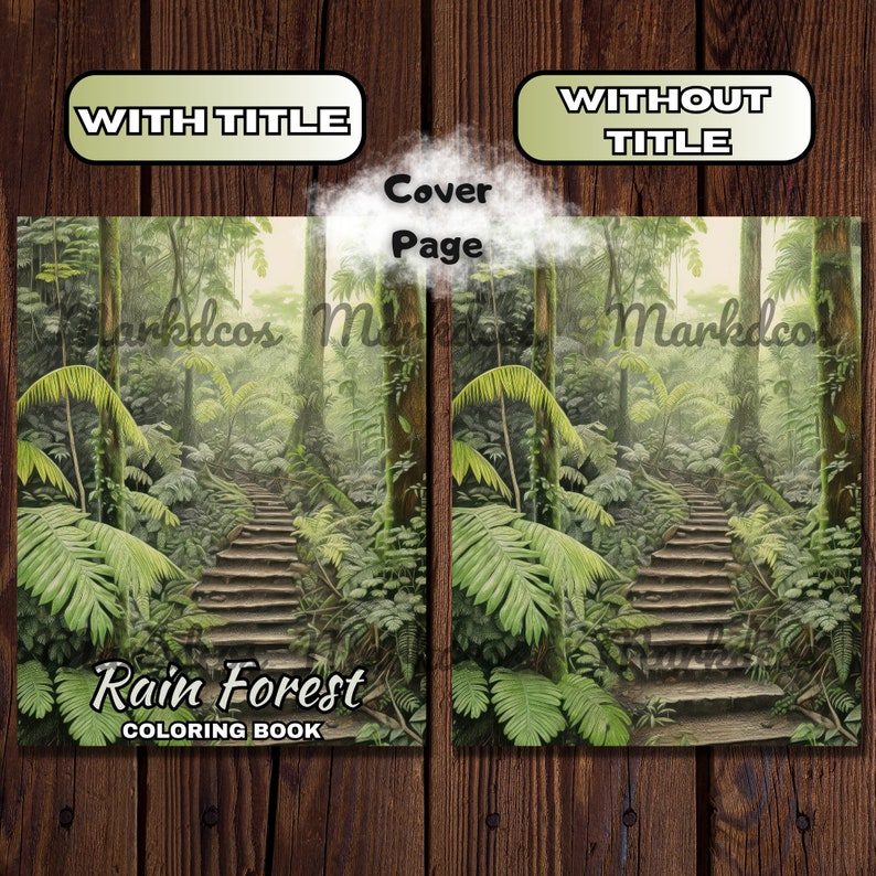 May include: A coloring book cover featuring a lush green rainforest scene with a stone staircase leading into the foliage. The text "Rain Forest Coloring Book" is printed at the bottom of the cover.