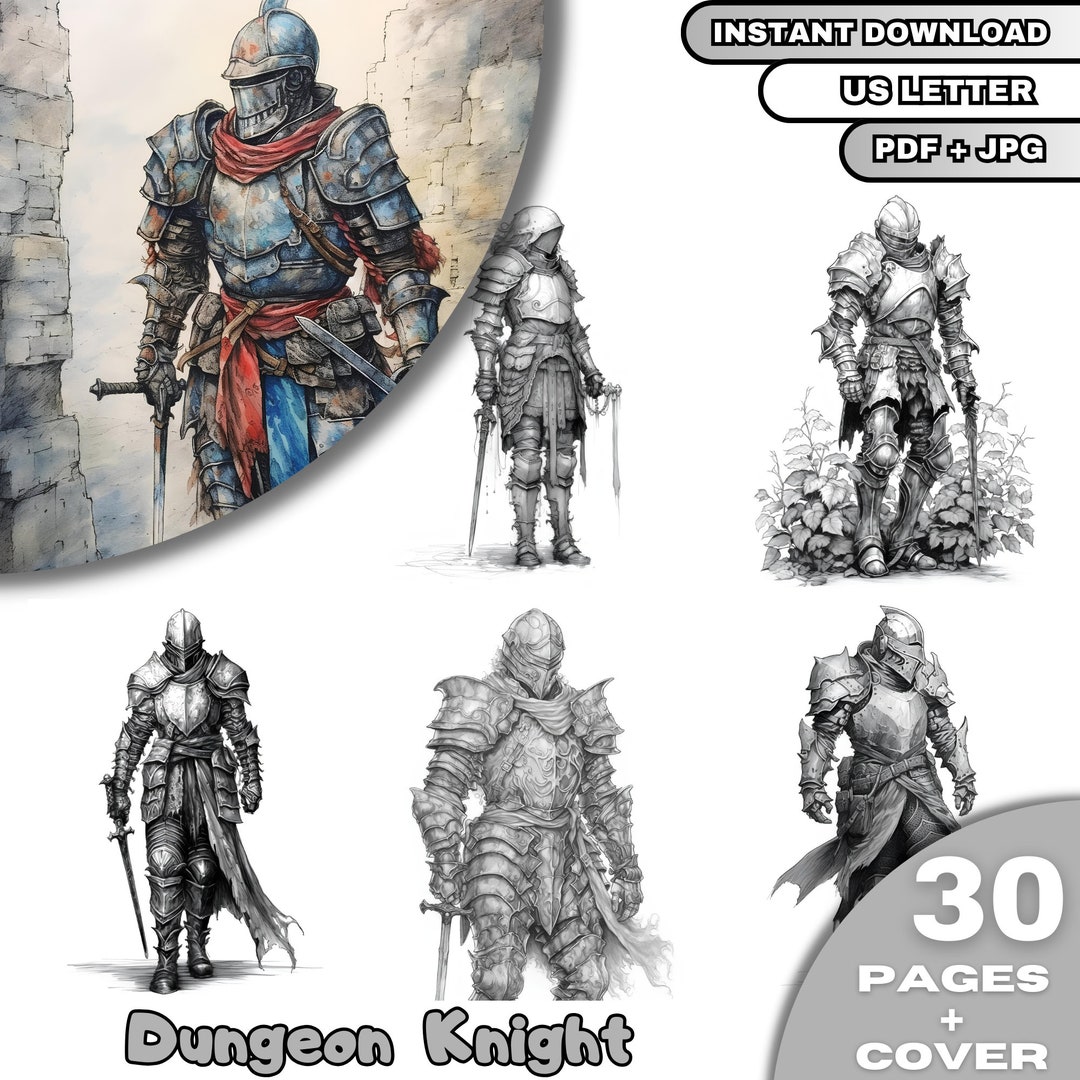 30 Knight Coloring Book, Adults &amp; Kids Coloring Pages, Grayscale ...