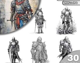 30 Knight Coloring Pages, Adults & Kids Coloring Pages, Grayscale Coloring Book, Digital Download, Printable PDF File