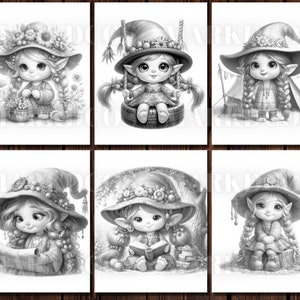 May include: Six black and white illustrations of cute, whimsical elves wearing pointy hats and dresses. Each elf is depicted in a different pose, such as holding a basket of flowers, reading a book, or sitting on a log.