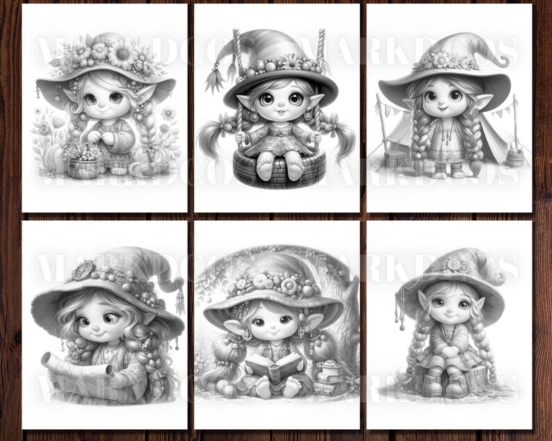 May include: Six black and white illustrations of cute, whimsical elves wearing pointy hats and dresses. Each elf is depicted in a different pose, such as holding a basket of flowers, reading a book, or sitting on a log.