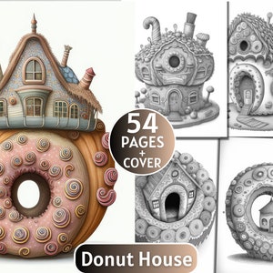 54 Donut House Coloring Book | Grayscale Coloring Book for Adults and Kids | Candy House Coloring Page |Printable PDF| Instant Download