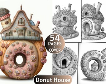 54 Donut House Coloring Pages | Grayscale Coloring Book for Adults and Kids | Candy House Coloring Page |Printable PDF| Instant Download