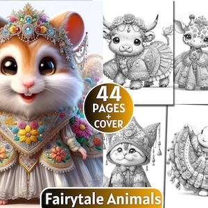 44 Fairytale Animals Coloring Book, Grayscale Coloring Book for Adults and Kids,  Cute Animals ,Digital Download,Printable Coloring